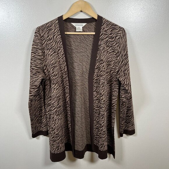 Misook Cardigan Sweater Size Medium Brown Zebra Print Acrylic Knit Work Office - Picture 1 of 9